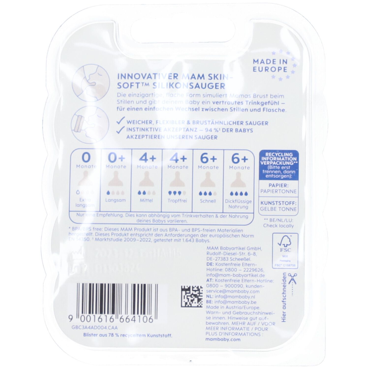 Mam Fopspeen 1, Maat 1, Skin Soft siliconen, BPA-vrij, voor baby's vanaf 0+ maanden.