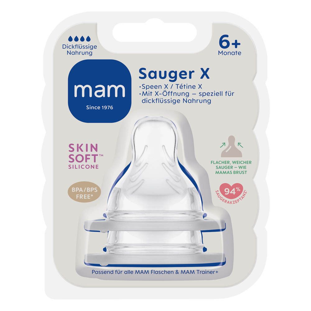 MAM speen maat X, 6+ maanden, voor dik vloeibaar voedsel, SkinSoft siliconen, BPA/BPS vrij.