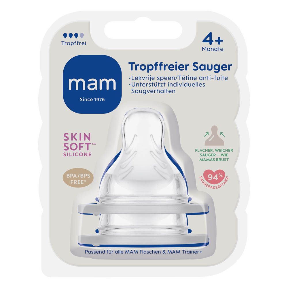 MAM Lekvrije speen 4+ maanden, SkinSoft siliconen, BPA/BPS vrij, in blister.