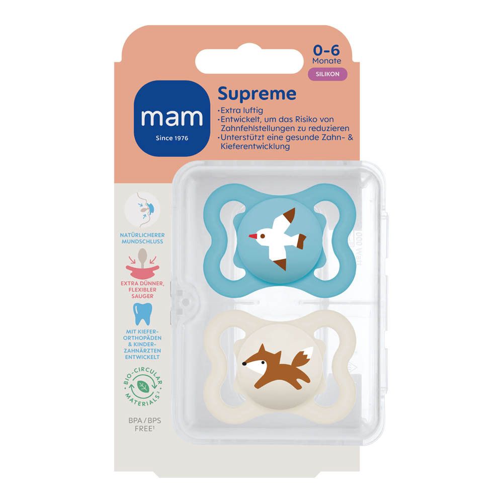 Twee MAM Supreme siliconen fopspenen in blauw en beige met dierenmotieven, 0-6 maanden.
