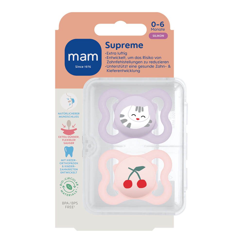 Twee MAM Supreme fopspenen, 0-6 maanden, siliconen. Paars met vogel, roze met bloemen.