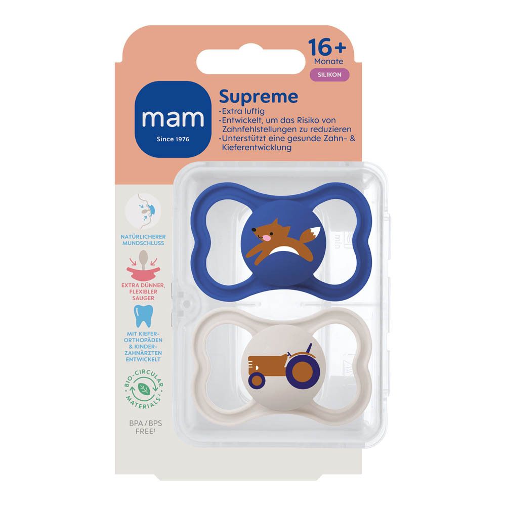 Twee MAM Supreme siliconen fopspenen in blauw en grijs met dierenmotieven (vos, tractor), 16+ maanden.