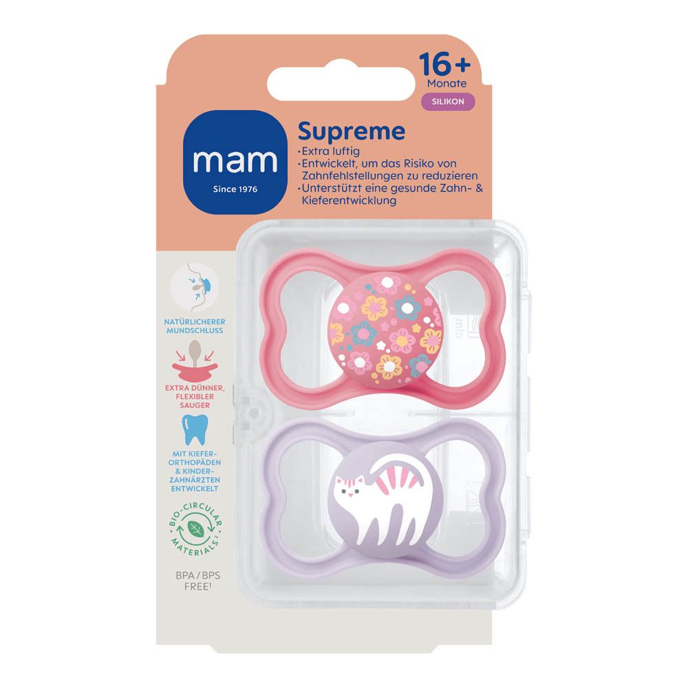 Verpakking van twee MAM Supreme siliconen fopspeentjes, roze en paars, 16+ maanden. Met dieren- en bloemenmotief.