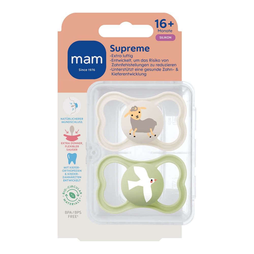 Twee MAM Supreme fopspeentjes van siliconen, 16+ maanden. Eén groen met bladeren, één beige met eekhoorn.