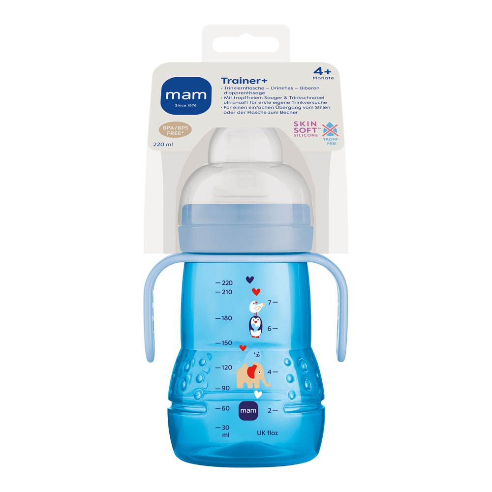 Blauwe MAM Trainer+ oefenfles met handvatten en dierenmotieven. Maatverdeling van 30-220 ml.