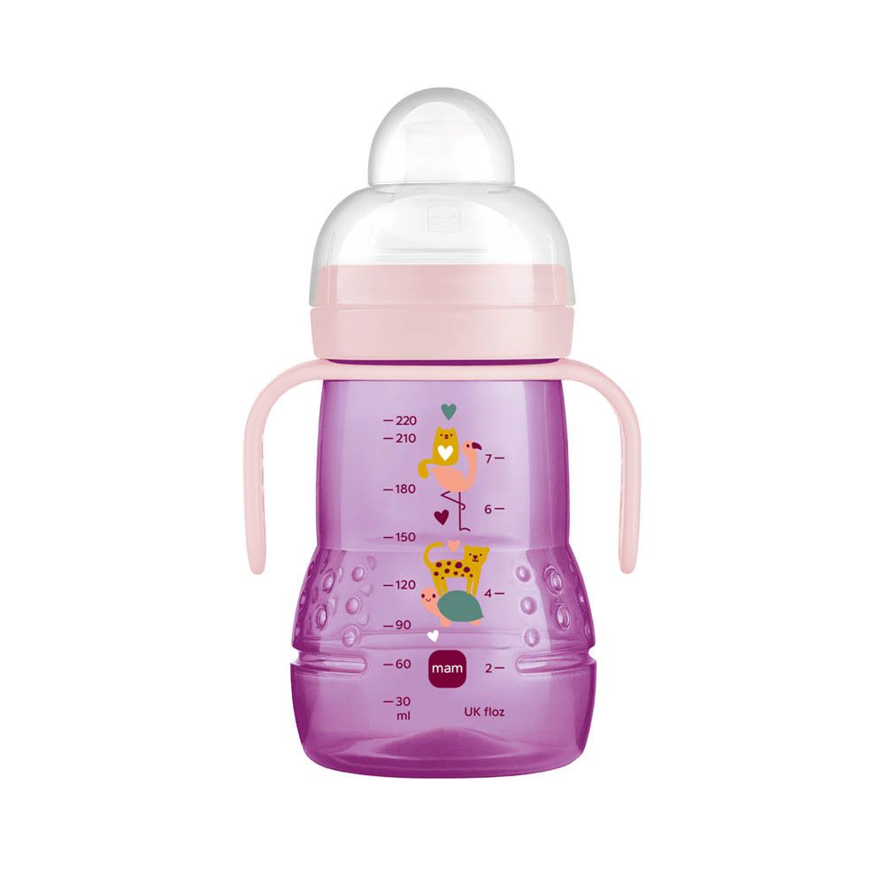 Paarse MAM Trainer+ beker met handvatten en maatverdeling. Roze dop en tuit. Met dierenmotieven.