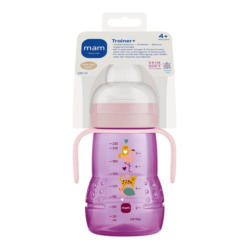 Paarse MAM Trainer+ beker met handvatten en maatverdeling. Roze dop en tuit. Met dierenmotieven.