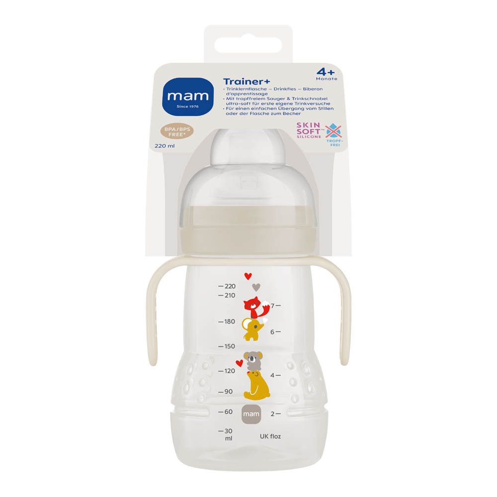 Tasse MAM Trainer+ avec poignées et échelle, transparente avec motifs animaliers.