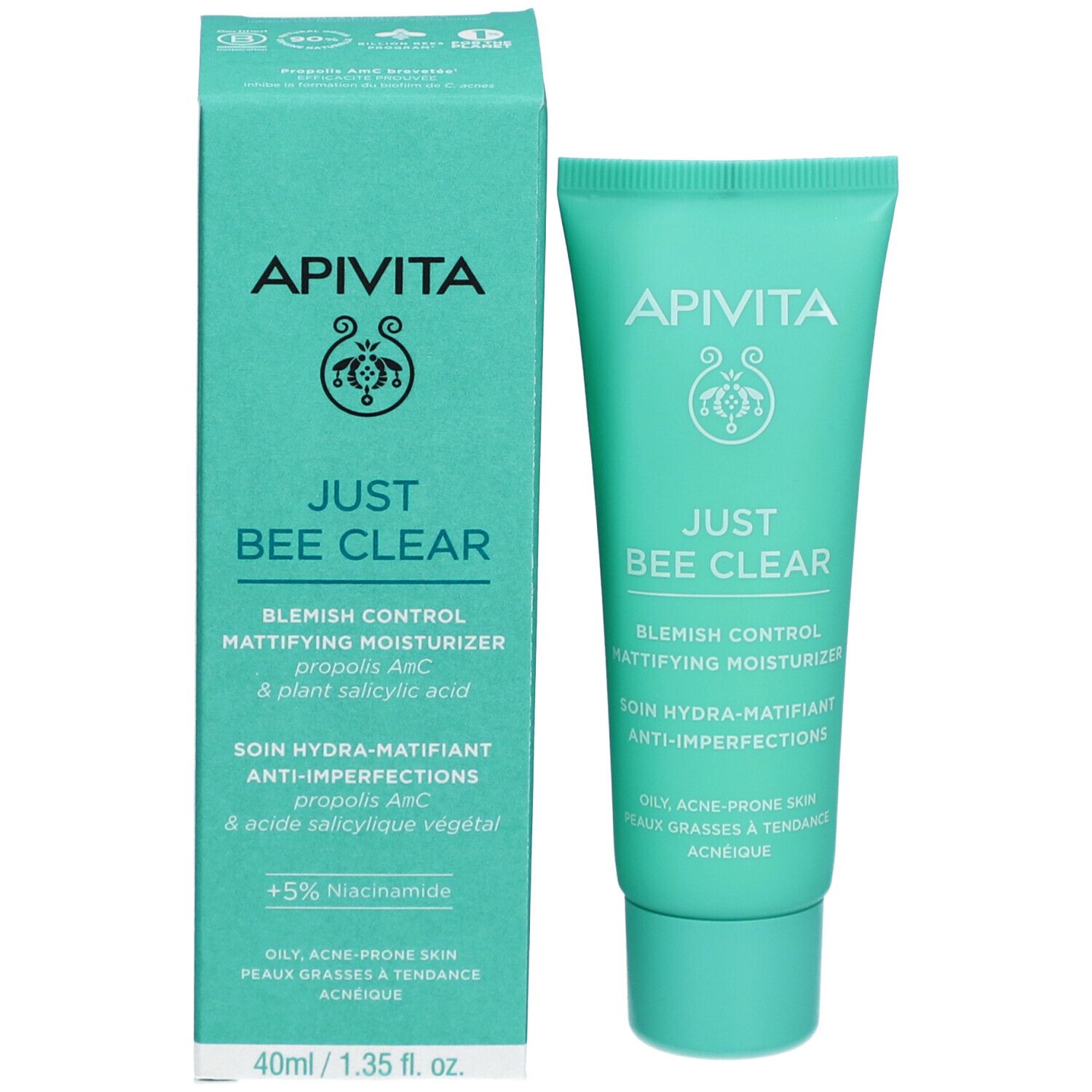 Tube met matterende vochtinbrengende vloeistof 'JUST BEE CLEAR' van APIVITA.