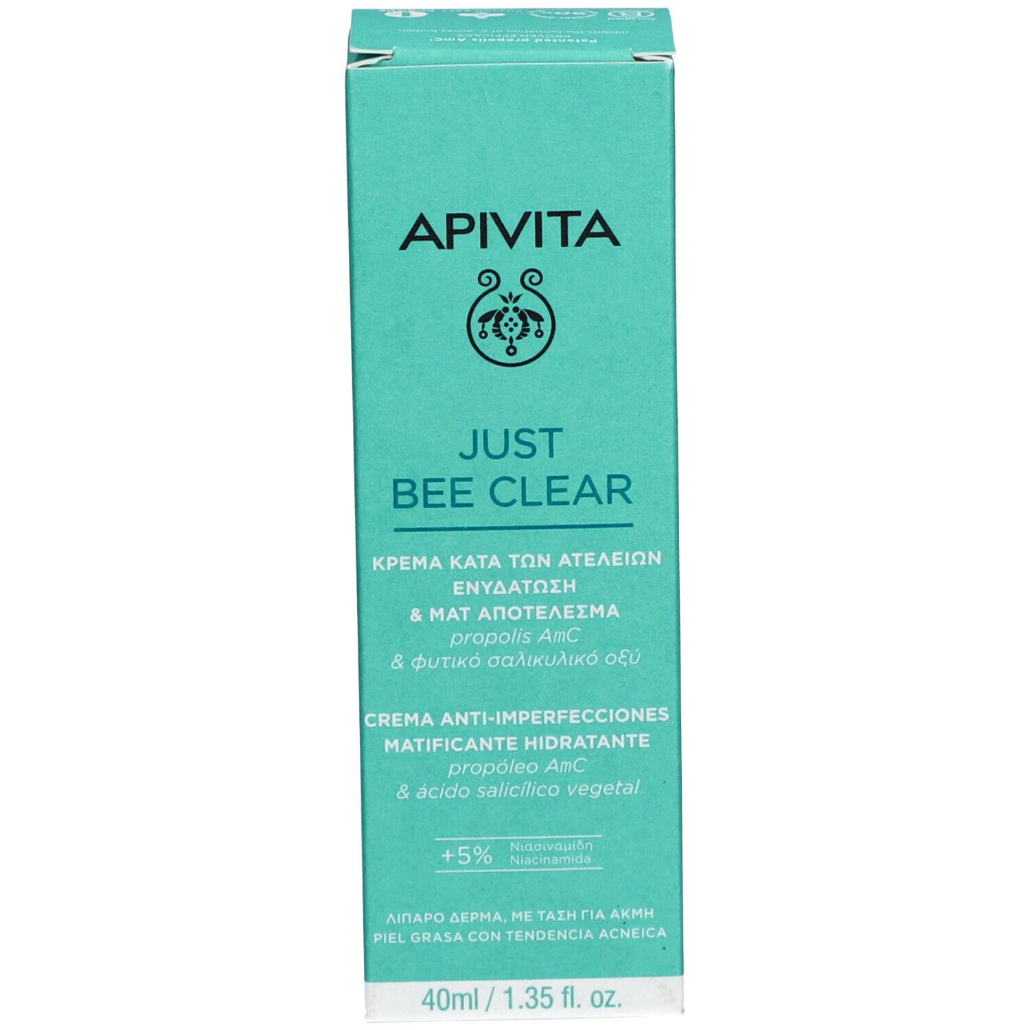 Apivita Just Bee Clear doos met huidverzorgingsinformatie