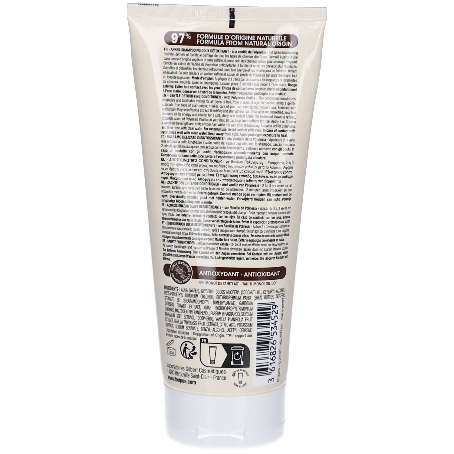 Achterkant van de crèmetube. Tekst en ingrediënten gedrukt. Met logo en productie-informatie.