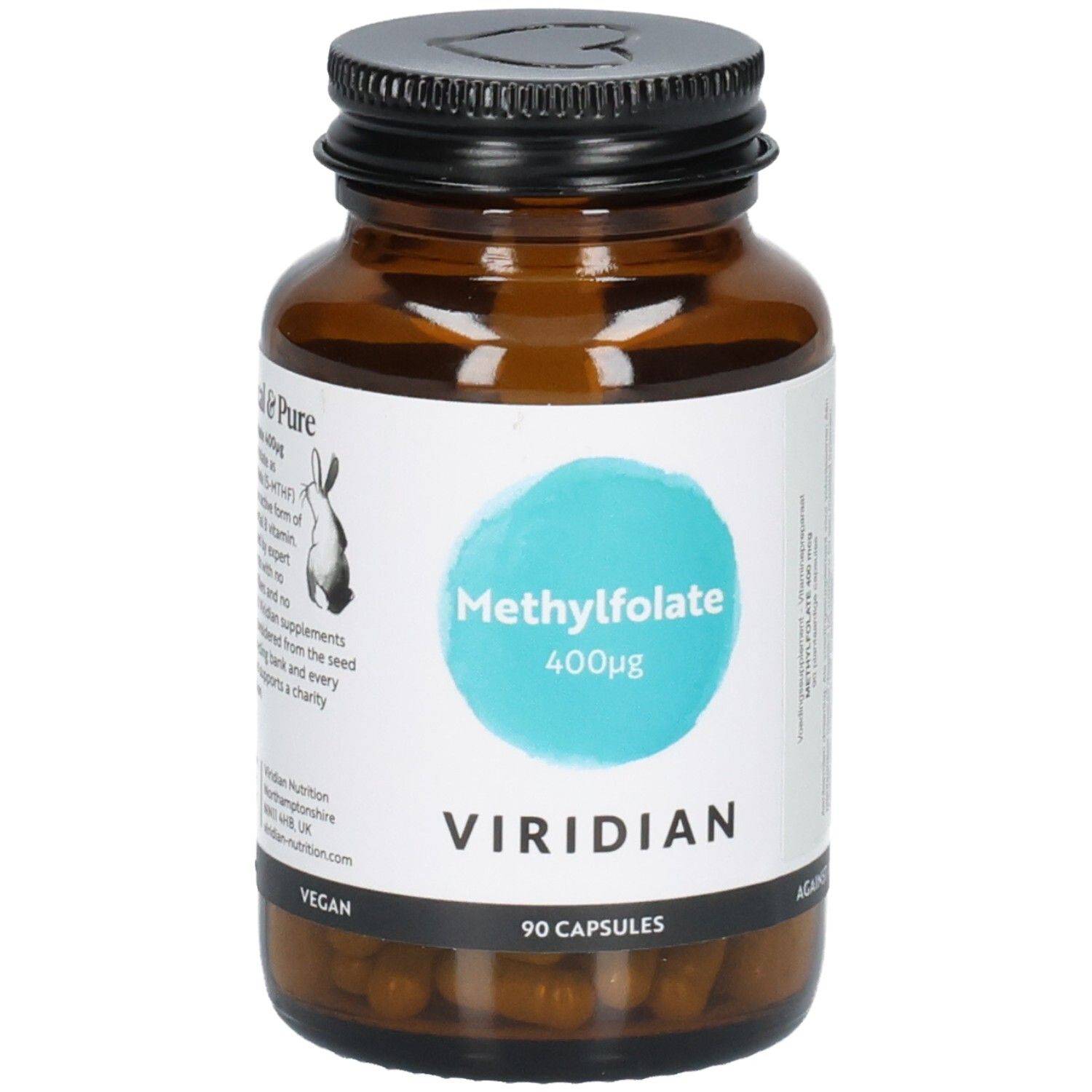 Amberkleurig glazen flesje met zwart deksel, etiket "Methylfolate 400μg" en "VIRIDIAN". 90 capsules.