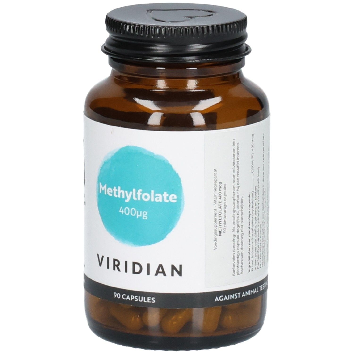 Amberkleurig glazen flesje met zwart deksel, etiket "Methylfolate 400μg" en "VIRIDIAN". 90 capsules.