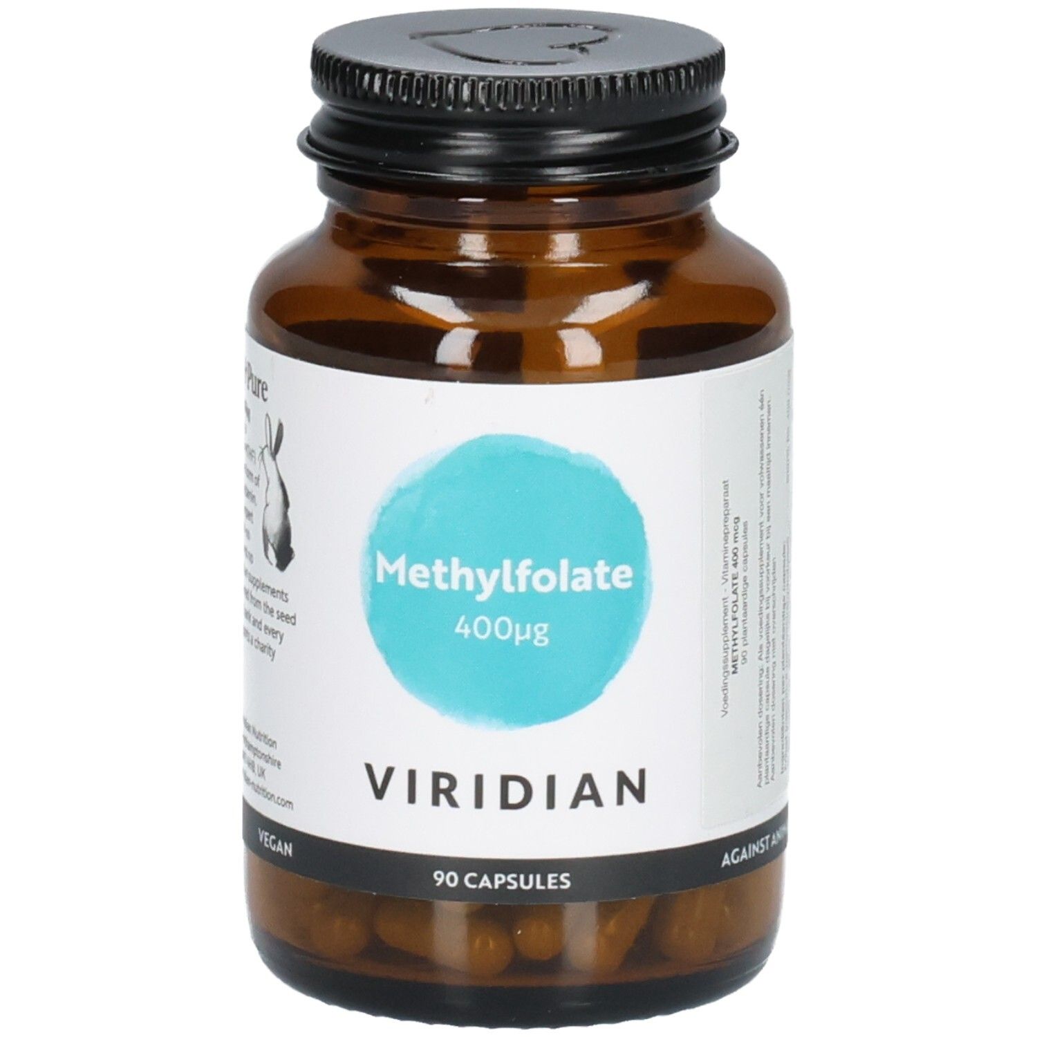 Amberkleurig glazen flesje met zwart deksel, etiket "Methylfolate 400μg" en "VIRIDIAN". 90 capsules.