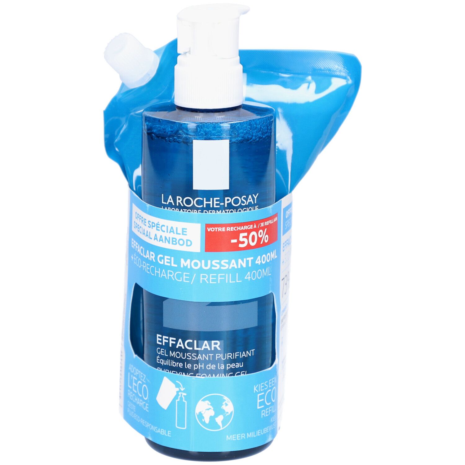 La Roche-Posay Effaclar Gel Moussant 400ml, avec recharge. Flacon bleu avec pompe et sachet de recharge. -50% de réduction.