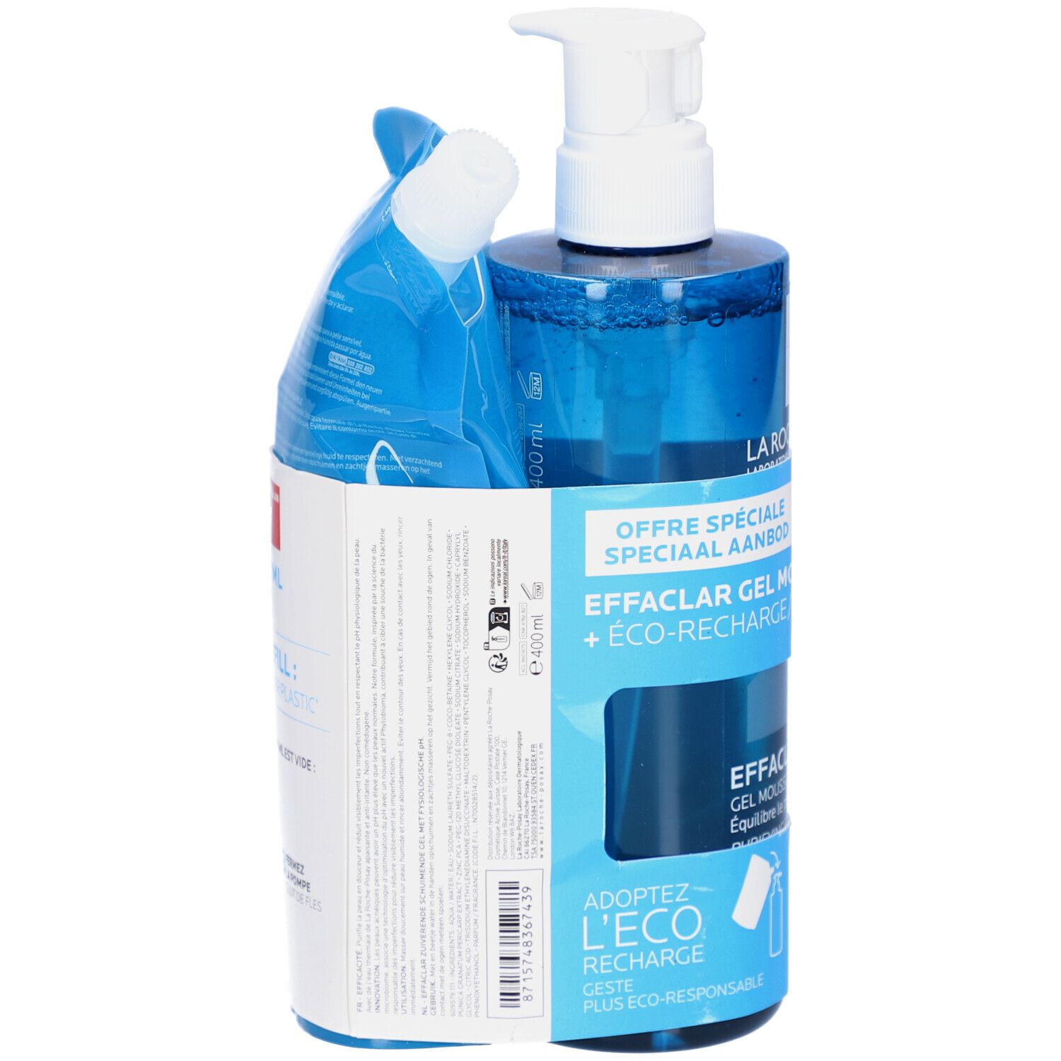 La Roche-Posay Effaclar Gel Moussant 400ml, avec recharge. Dos de l'emballage avec texte. Flacon bleu et sachet.