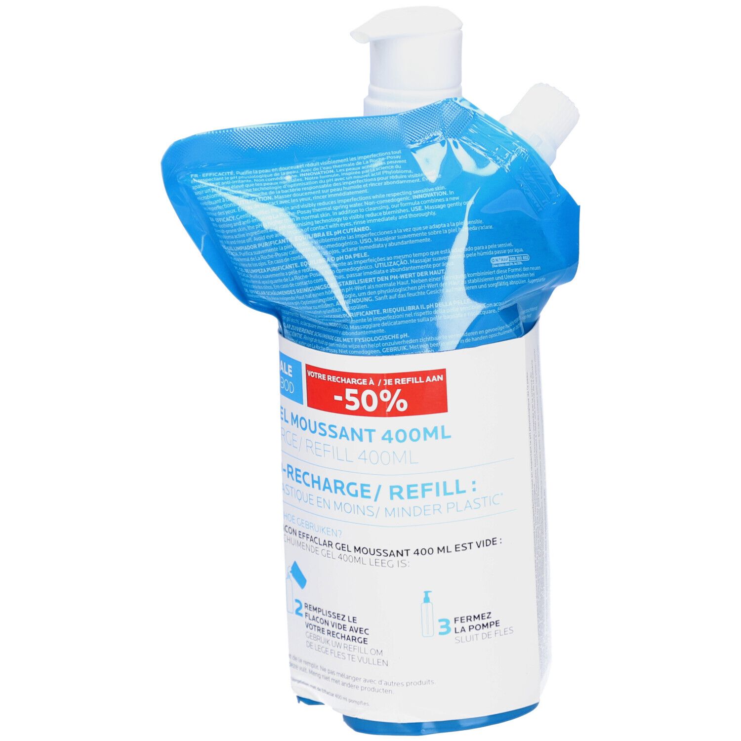 La Roche-Posay Effaclar Gel Moussant 400ml, avec recharge. Flacon bleu et sachet de recharge. -50% de réduction. Instructions.