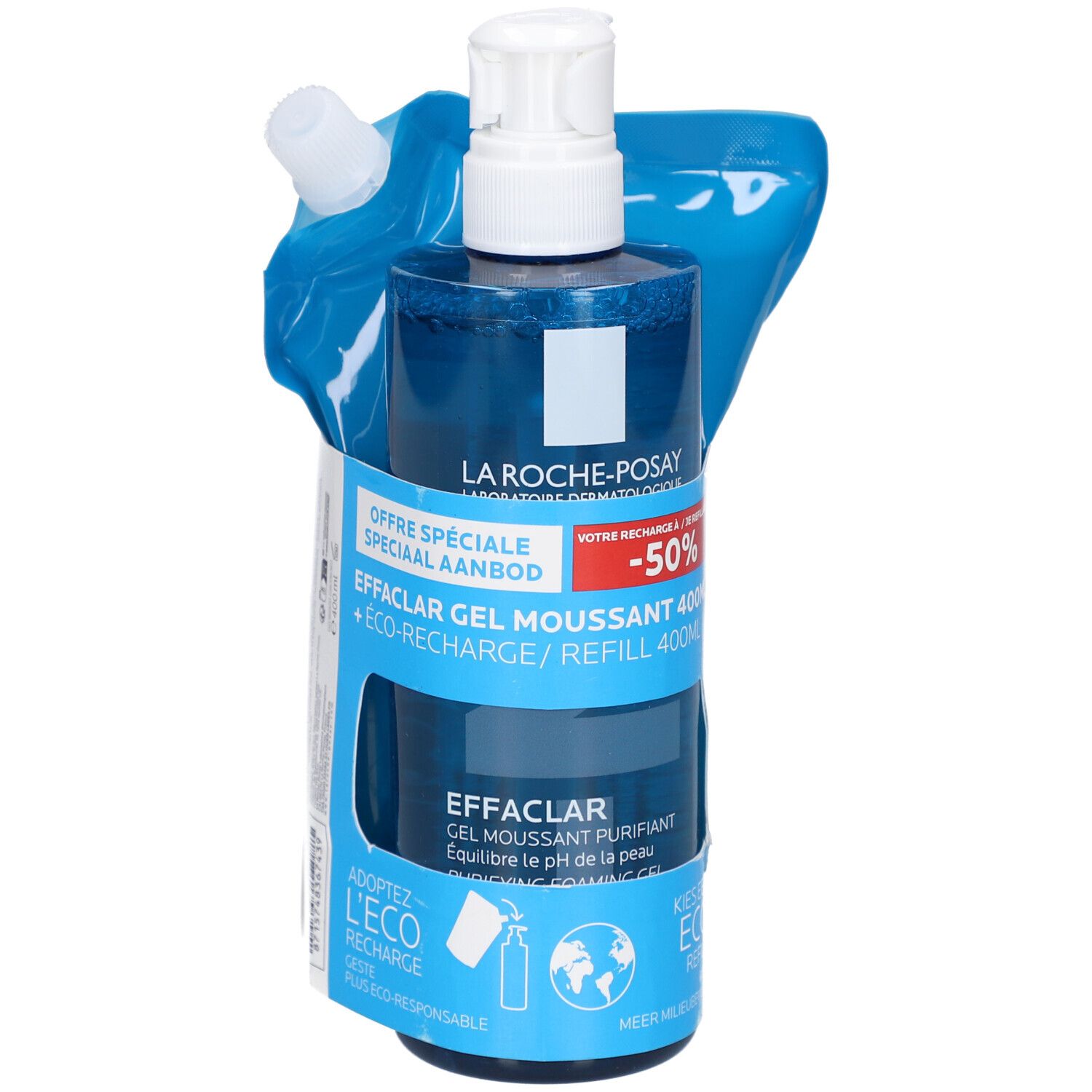 La Roche-Posay Effaclar Gel Moussant 400ml, avec recharge. Flacon bleu avec pompe et sachet de recharge. -50% de réduction.