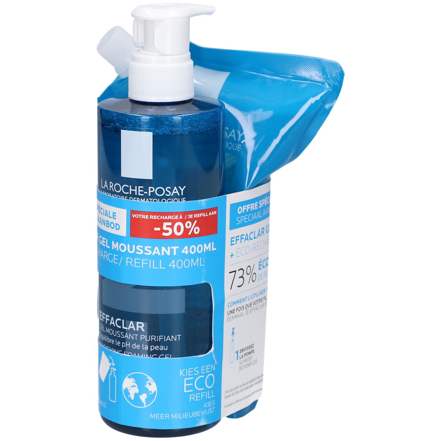 La Roche-Posay Effaclar Gel Moussant 400ml, avec recharge. Flacon bleu avec pompe et sachet de recharge. -50% de réduction.