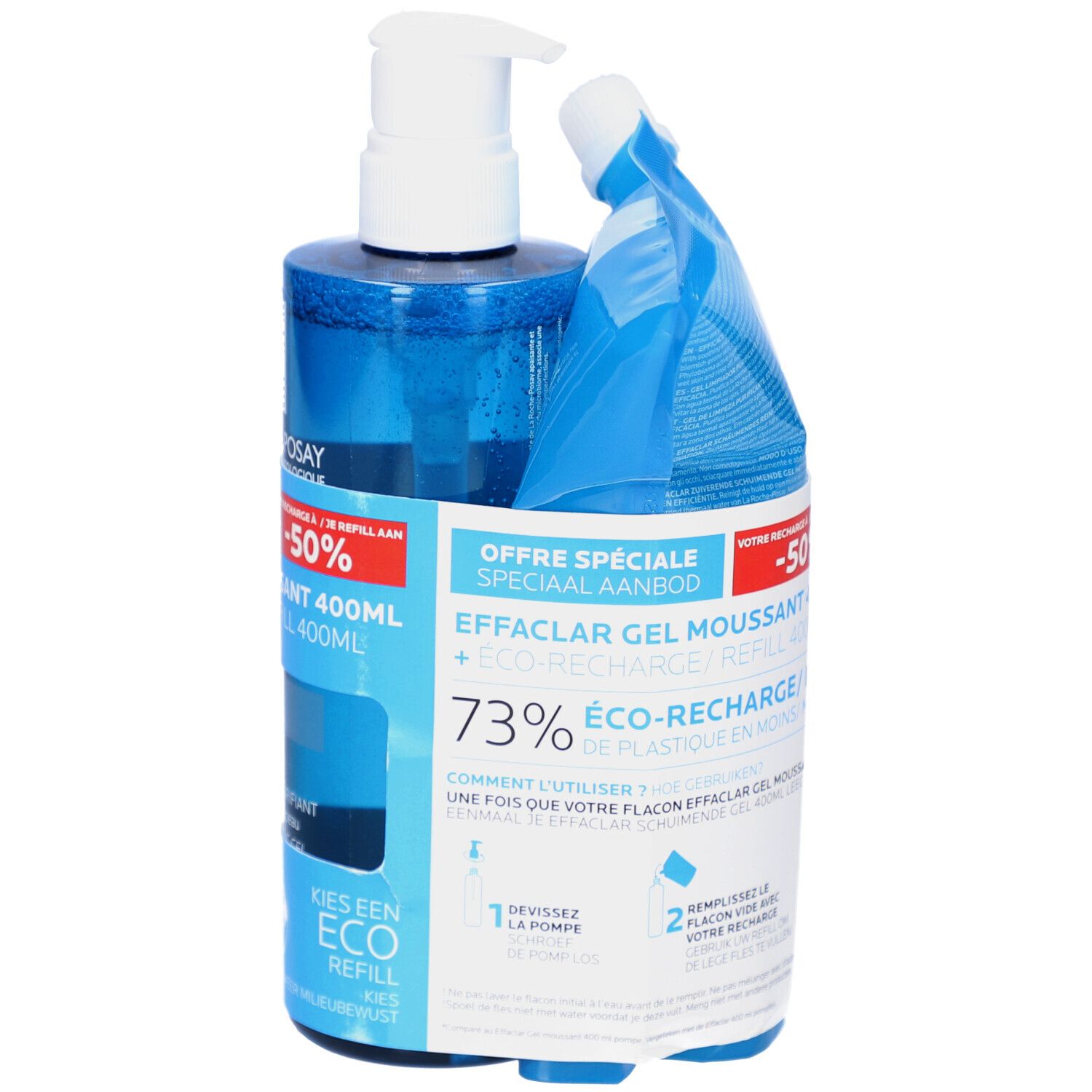 La Roche-Posay Effaclar Gel Moussant 400ml, avec recharge. Flacon bleu avec pompe et sachet de recharge. 73% éco-recharge.