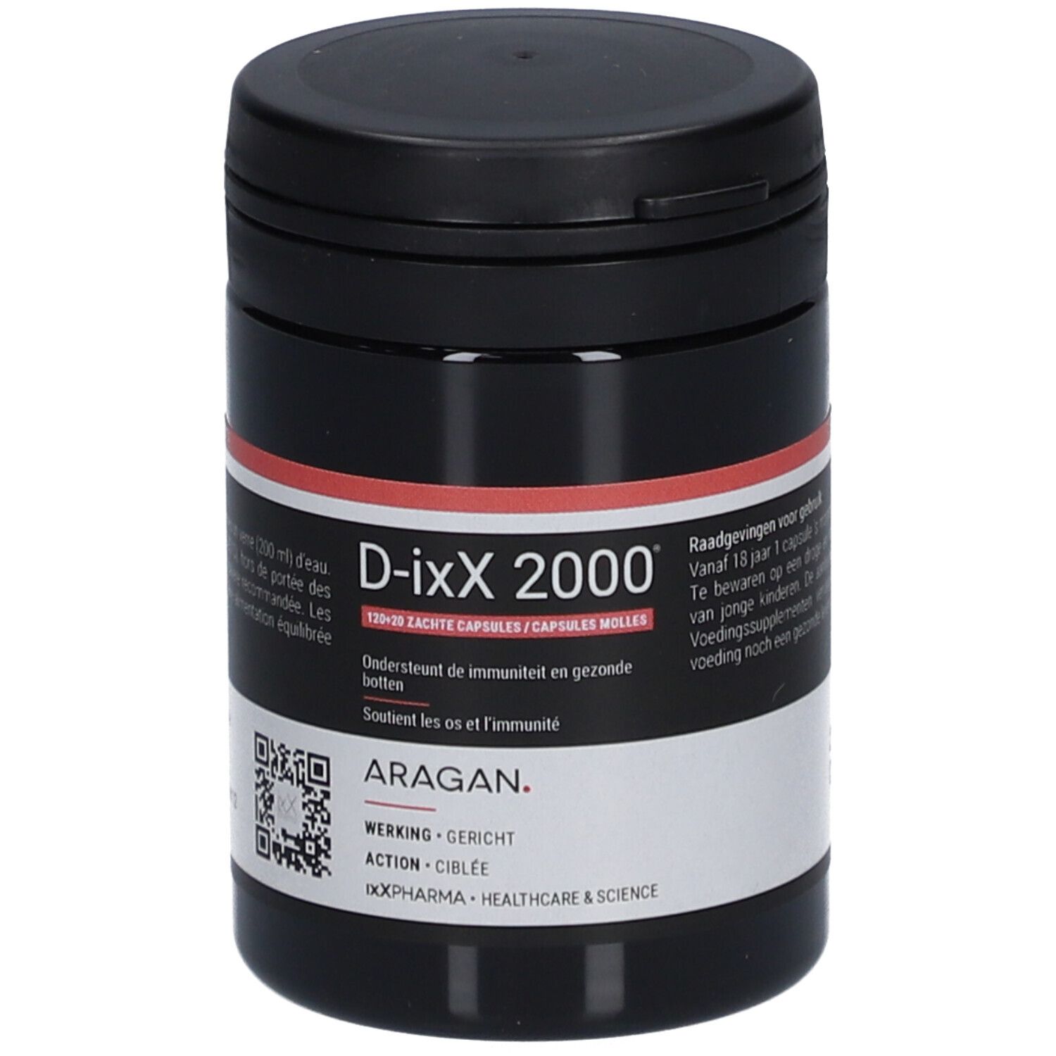 Boîte noire avec couvercle. Inscription: D-ixx 2000. Étiquette avec informations produit et QR code. Marque: ARAGAN.