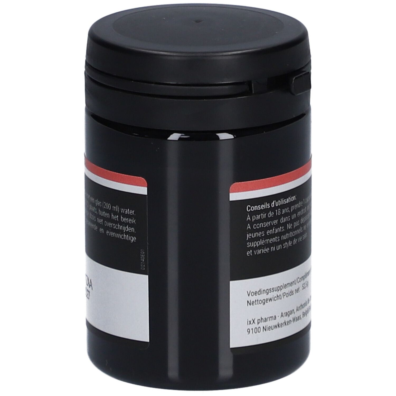 Boîte noire avec couvercle. Étiquette avec informations produit. Marque: ixx pharma. Inscription: D-ixx 2000.