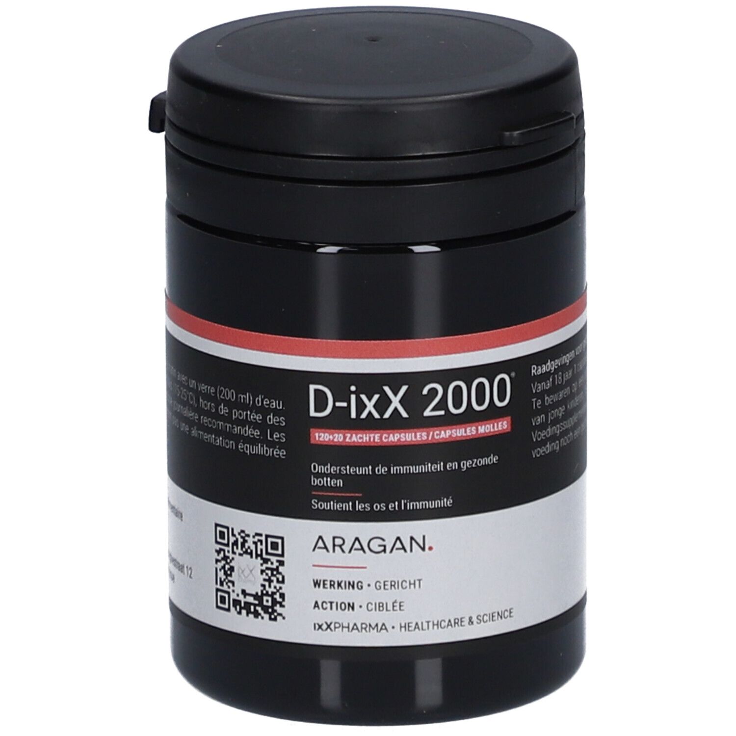 Boîte noire avec couvercle. Inscription: D-ixx 2000. Étiquette avec informations produit et QR code. Marque: ARAGAN.