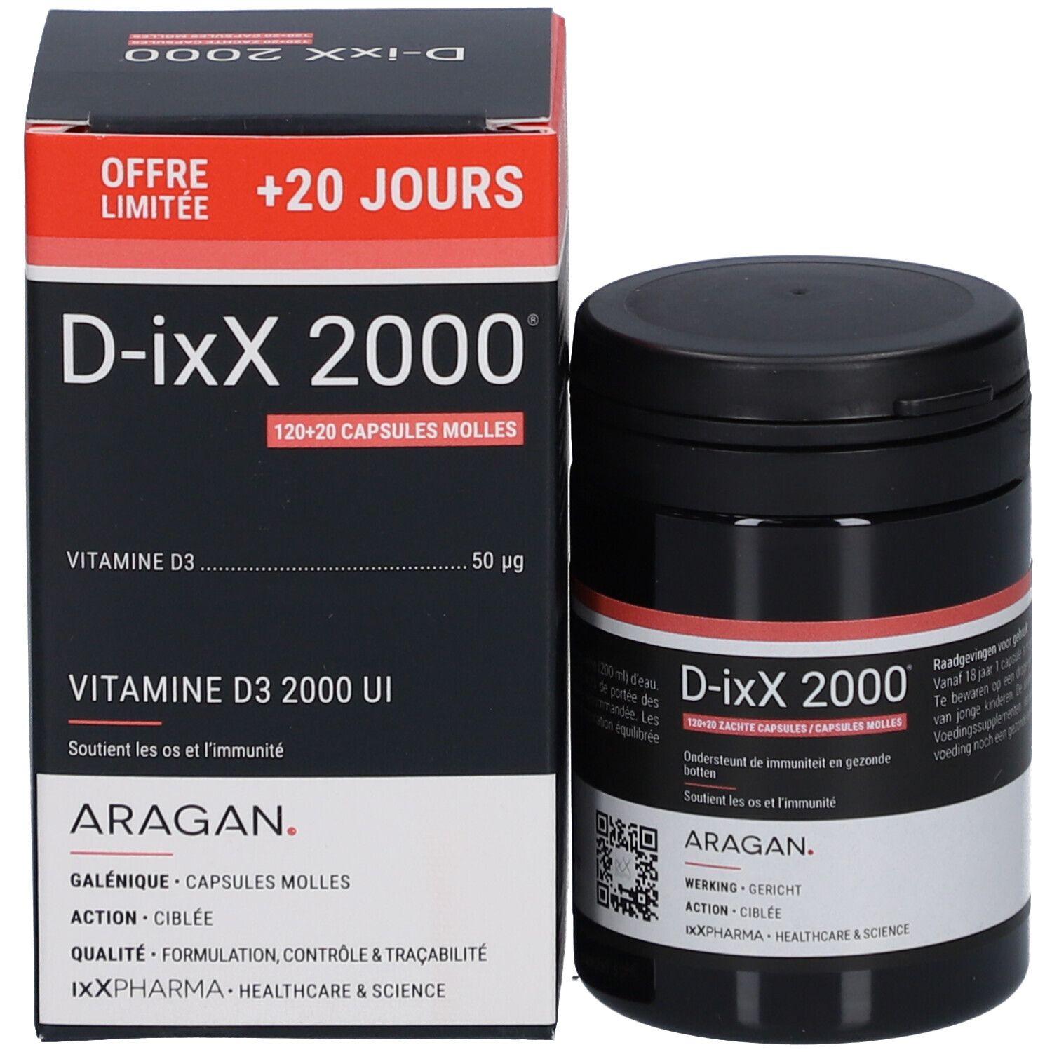 Emballage produit avec boîte et pot. Inscription: D-ixx 2000. Boîte avec mention: +20 jours. Marque: ARAGAN.