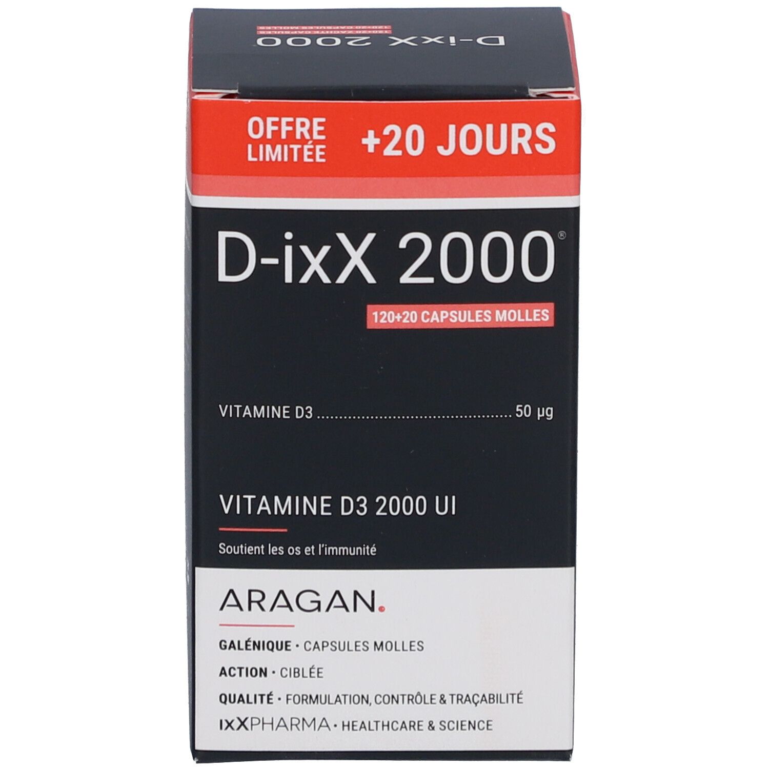 Emballage produit. Boîte avec inscription: D-ixx 2000. Mention: +20 jours. Contient 120+20 gélules. Marque: ARAGAN.