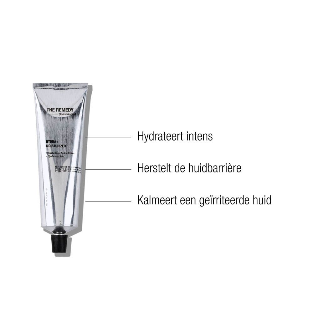 Zilveren tube met zwarte dop, gelabeld 'THE REMEDY HYDRA MOISTURISER'.