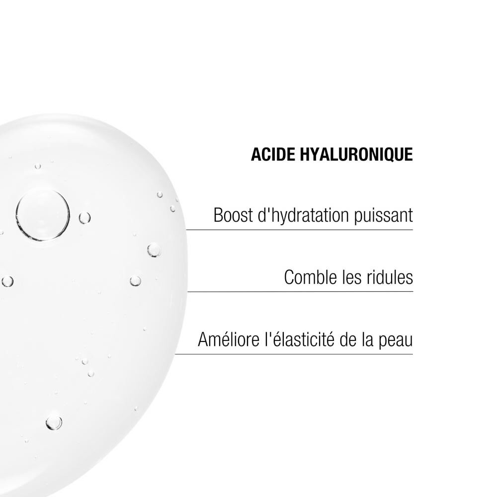 Acide hyaluronique : puissant boost d'hydratation, comble les rides, améliore l'élasticité.