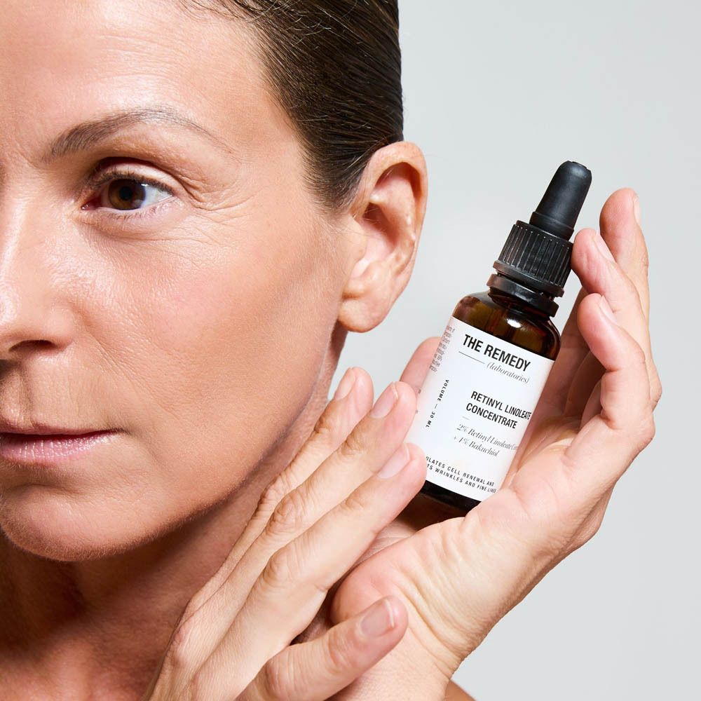 Flesje Retinyl Linoleate Concentraat met pipet. Tekst over huidverzorging.