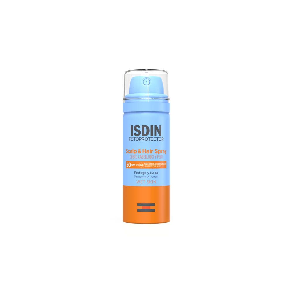 Flacon spray bleu et orange avec bouchon transparent. Inscription: ISDIN, Fotoprotector, Scalp & Hair Spray, SPF 50. Texte: Wet Skin.