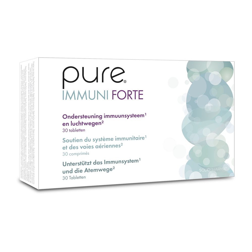 Witte doos met logo « pure IMMUNI FORTE ». Tekst in het Nederlands, Frans en Duits. 30 tabletten.