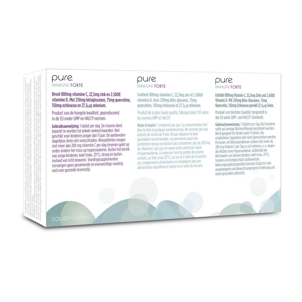Witte doos met logo « pure IMMUNI FORTE ». Tekst in het Nederlands, Frans en Duits. 30 tabletten.
