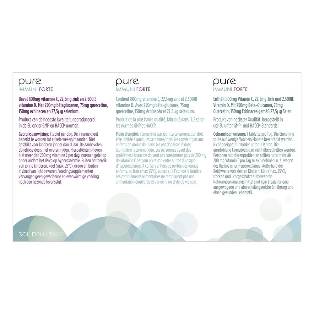 Achterkant van de witte doos met tekst in het Nederlands, Frans en Duits. 30 tabletten.