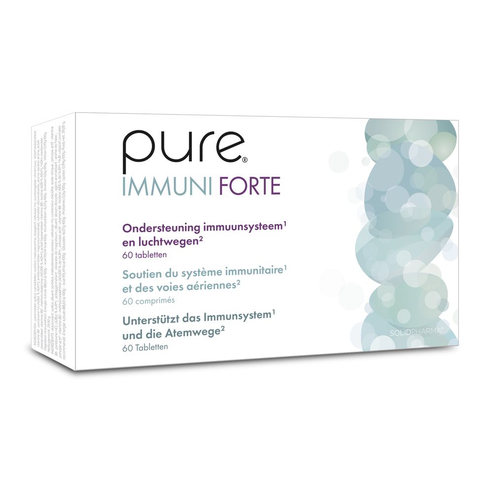 Doos "pure IMMUNI FORTE". Tekst in het Nederlands, Frans en Duits. 60 tabletten.
