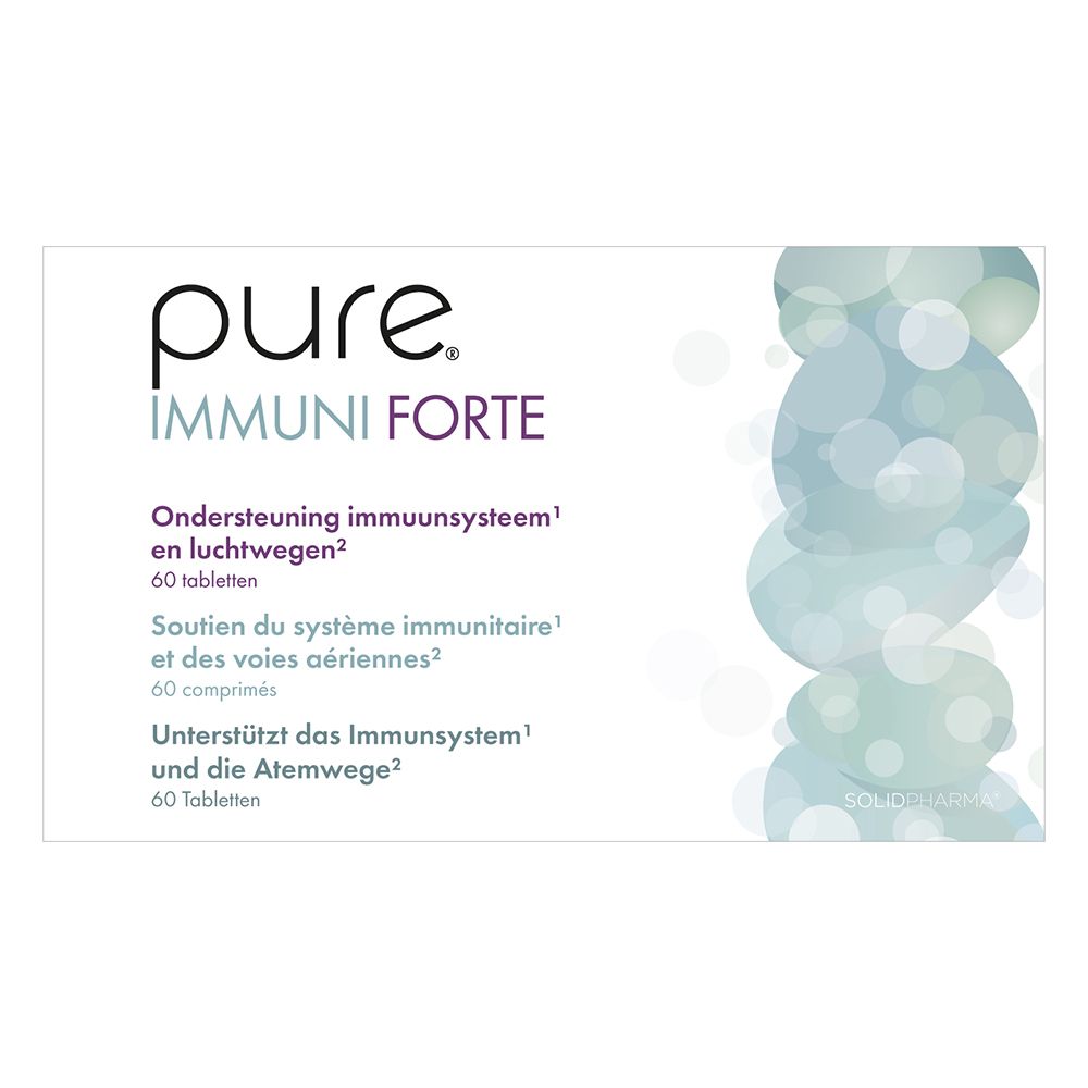 Achterkant van de doos "pure IMMUNI FORTE". Meertalige tekst. 3 secties.