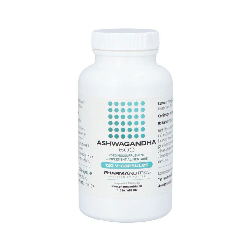 Witte fles Ashwagandha 600. Blauwe stippen en tekst. Merk: PharmaNutrics. 120 V-capsules.