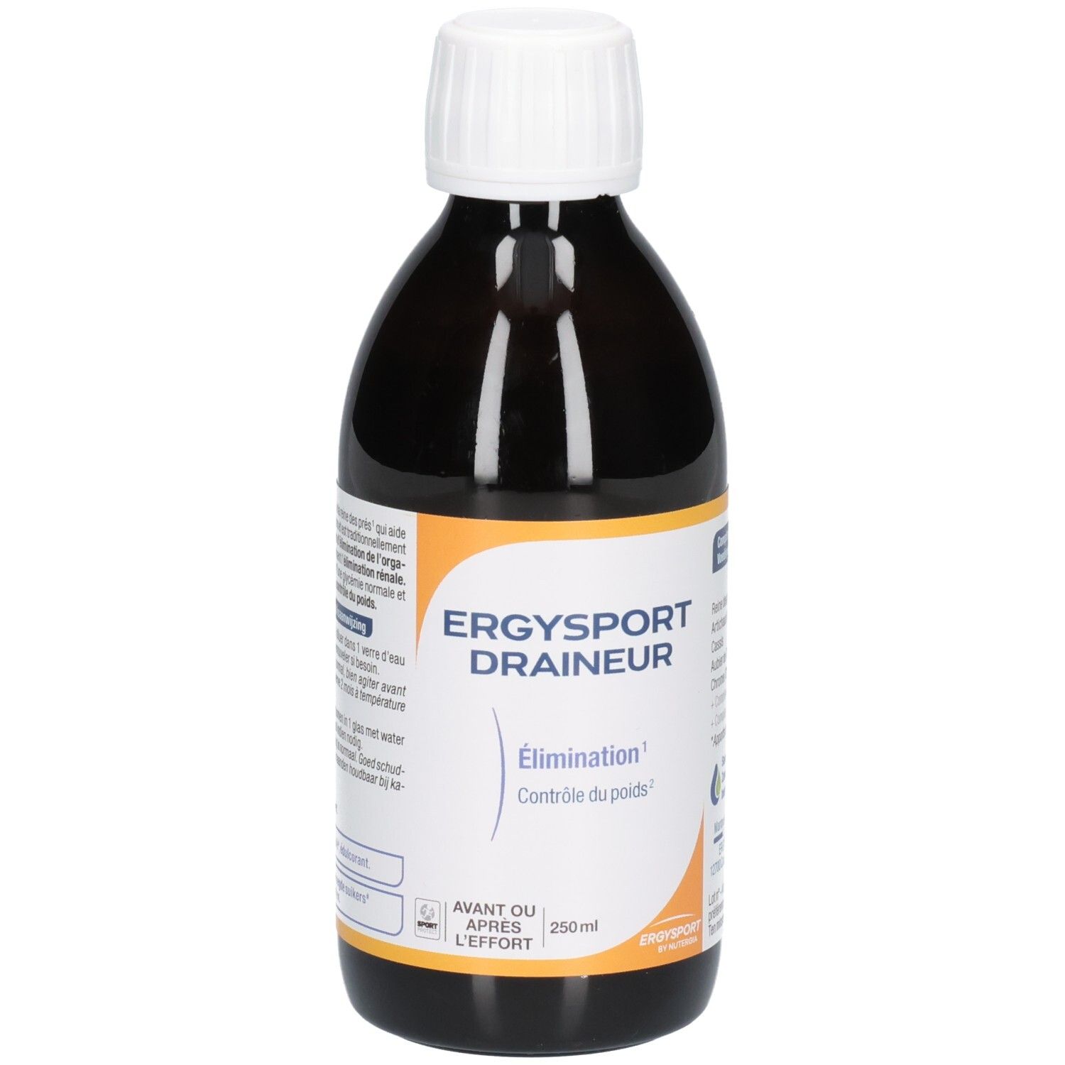 Bruine fles met witte dop. Etiket met productnaam en tekst. Oranje streep onderaan. 250ml.