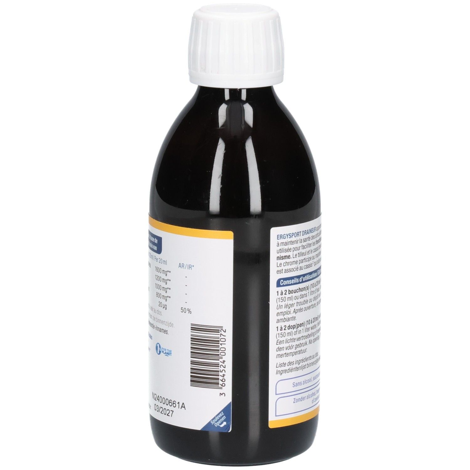 Achteraanzicht van bruine fles met witte dop. Etiket met ingrediënten en voedingswaarde. 3664524001074.