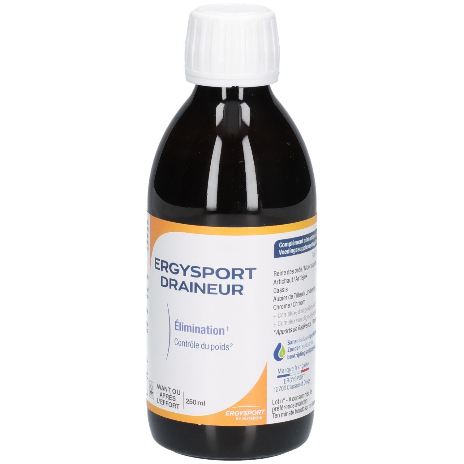 Bruine fles met witte dop. Etiket met productnaam en tekst. Oranje streep onderaan. 250ml.