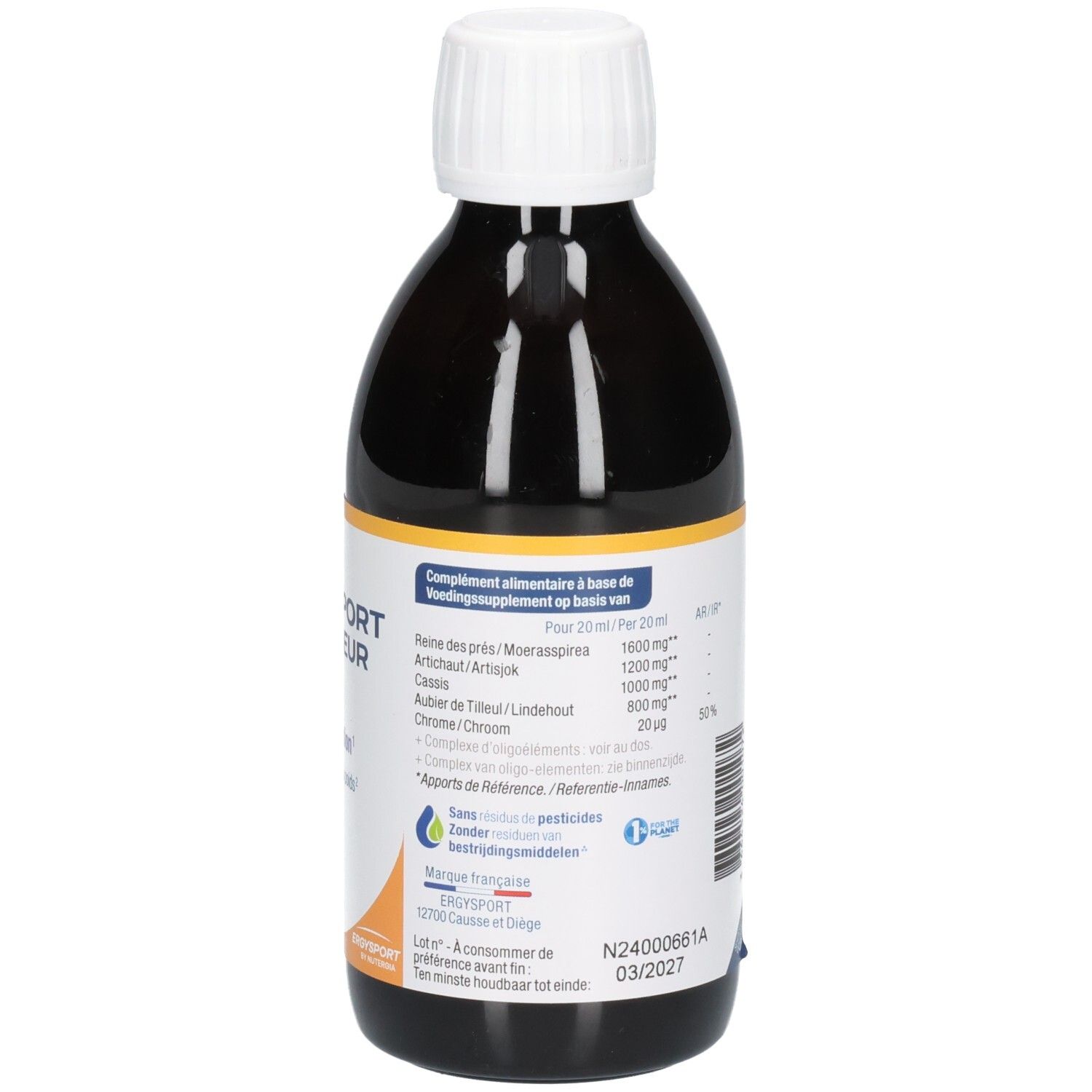 Bruine fles met witte dop. Etiket met ingrediënten en voedingswaarde. N24000661A 03/2027.