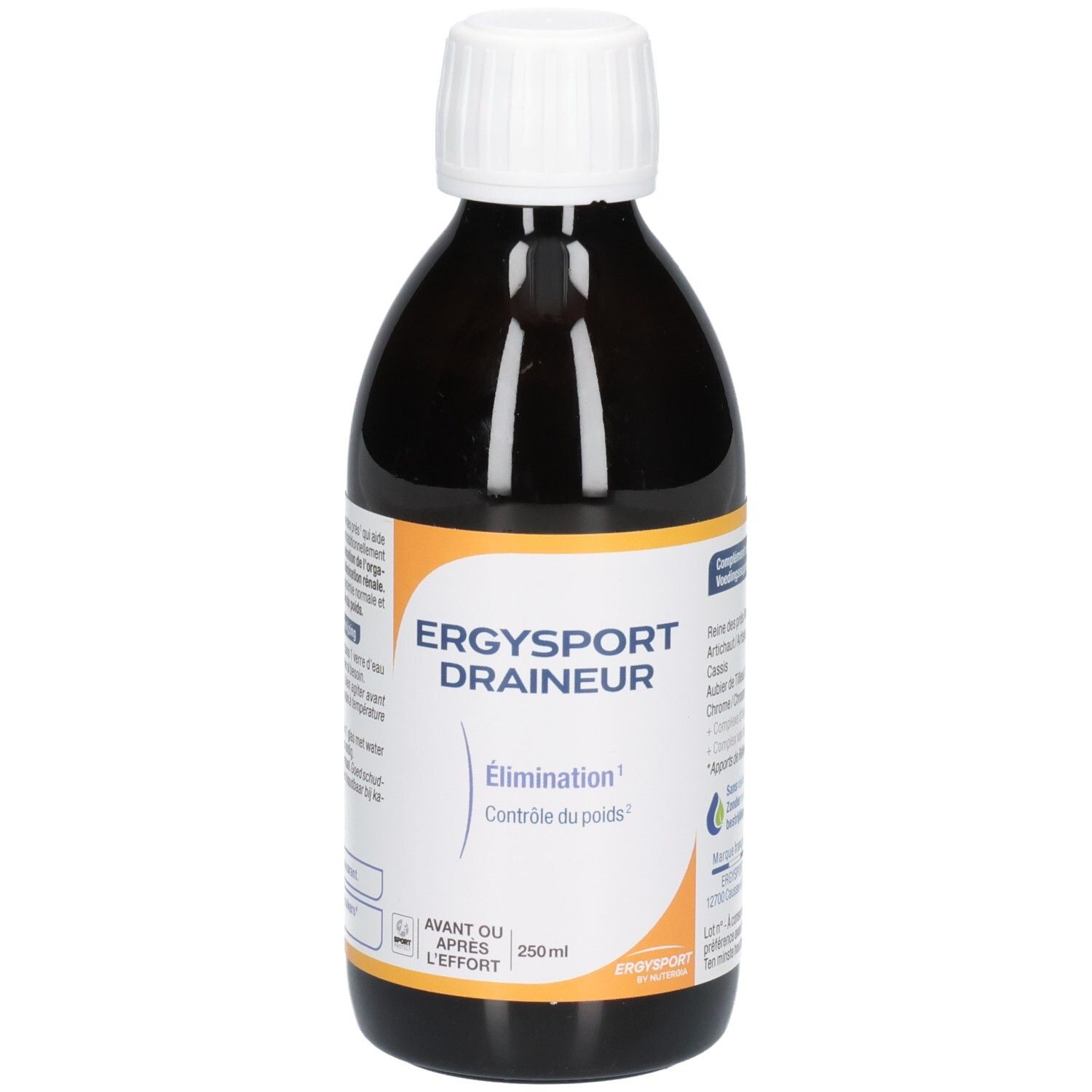 Bruine fles met witte dop. Etiket met productnaam en tekst. Oranje streep onderaan. 250ml.