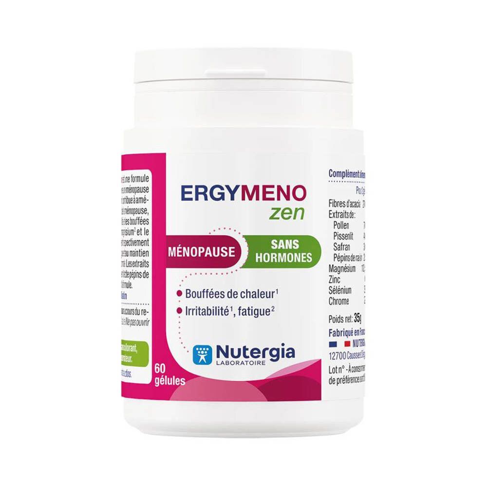 Witte fles met voedingssupplement. Opschrift: ERGYMENO zen, sans hormones. 60 capsules. Merk: Nutergia.