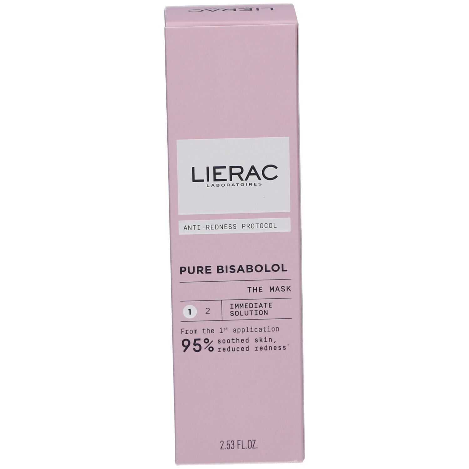 Boîte, rose. Inscriptions: LIERAC, ANTI-REDNESS PROTOCOL, PURE BISABOLOL, THE MASK. 2.53 FL.OZ.