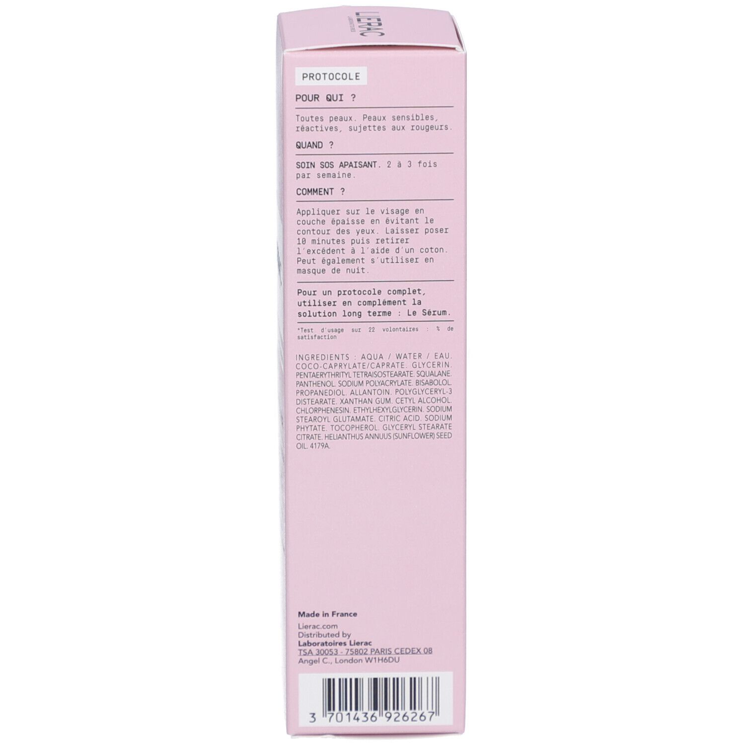 Dos de la boîte rose. Texte multilingue. Ingrédients et informations fabricant. Marque: LIERAC.