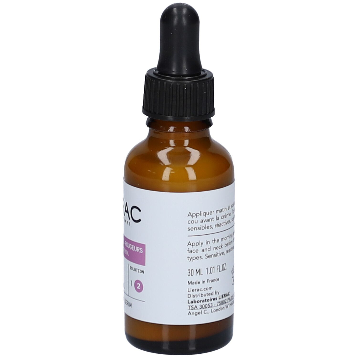 Bruine glazen fles met zwarte druppelaar. Etiket met productinformatie. Lierac Proto Anti-Rougeurs Serum.