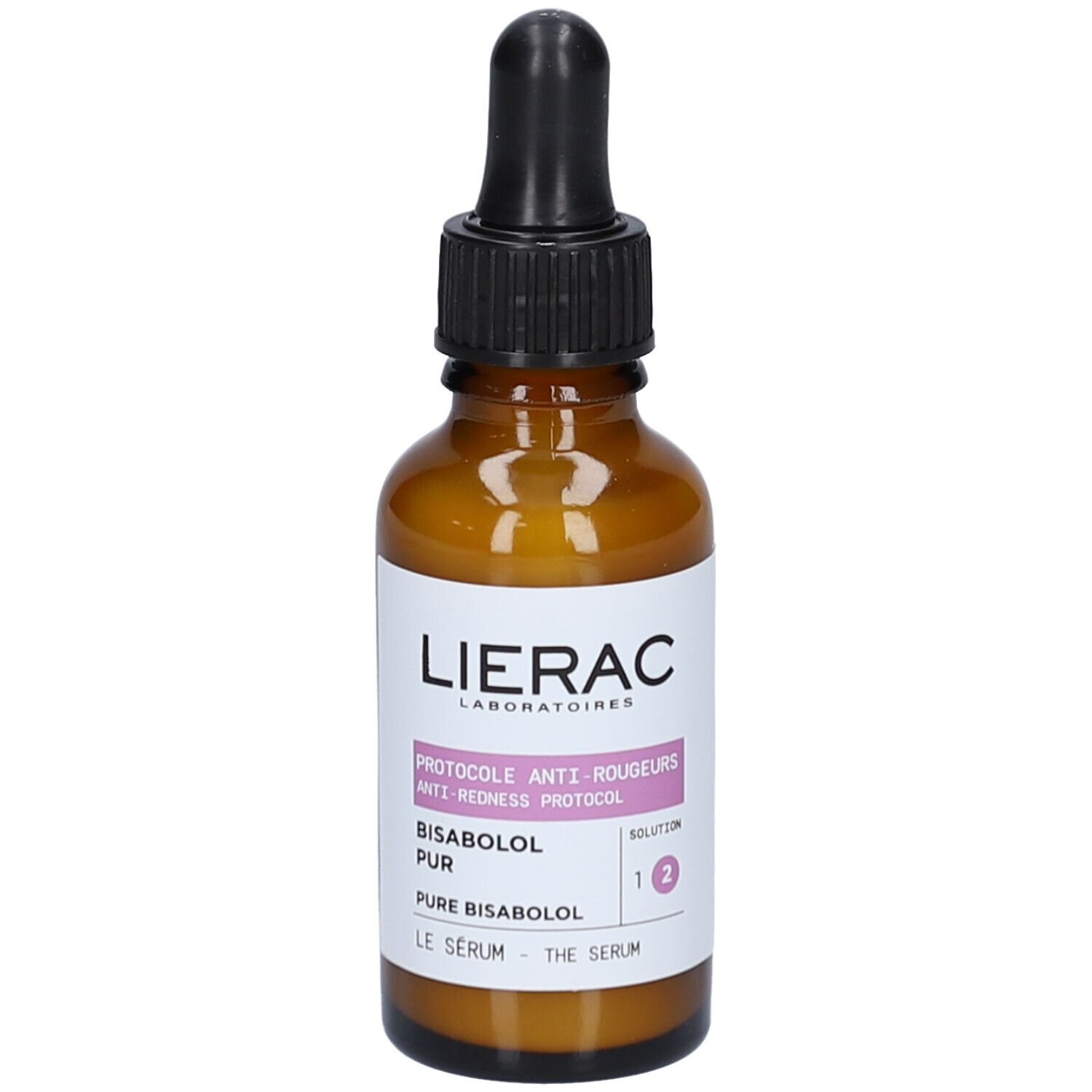 Bruine glazen fles met zwarte druppelaar. Etiket met productinformatie. Lierac Proto Anti-Rougeurs Serum.