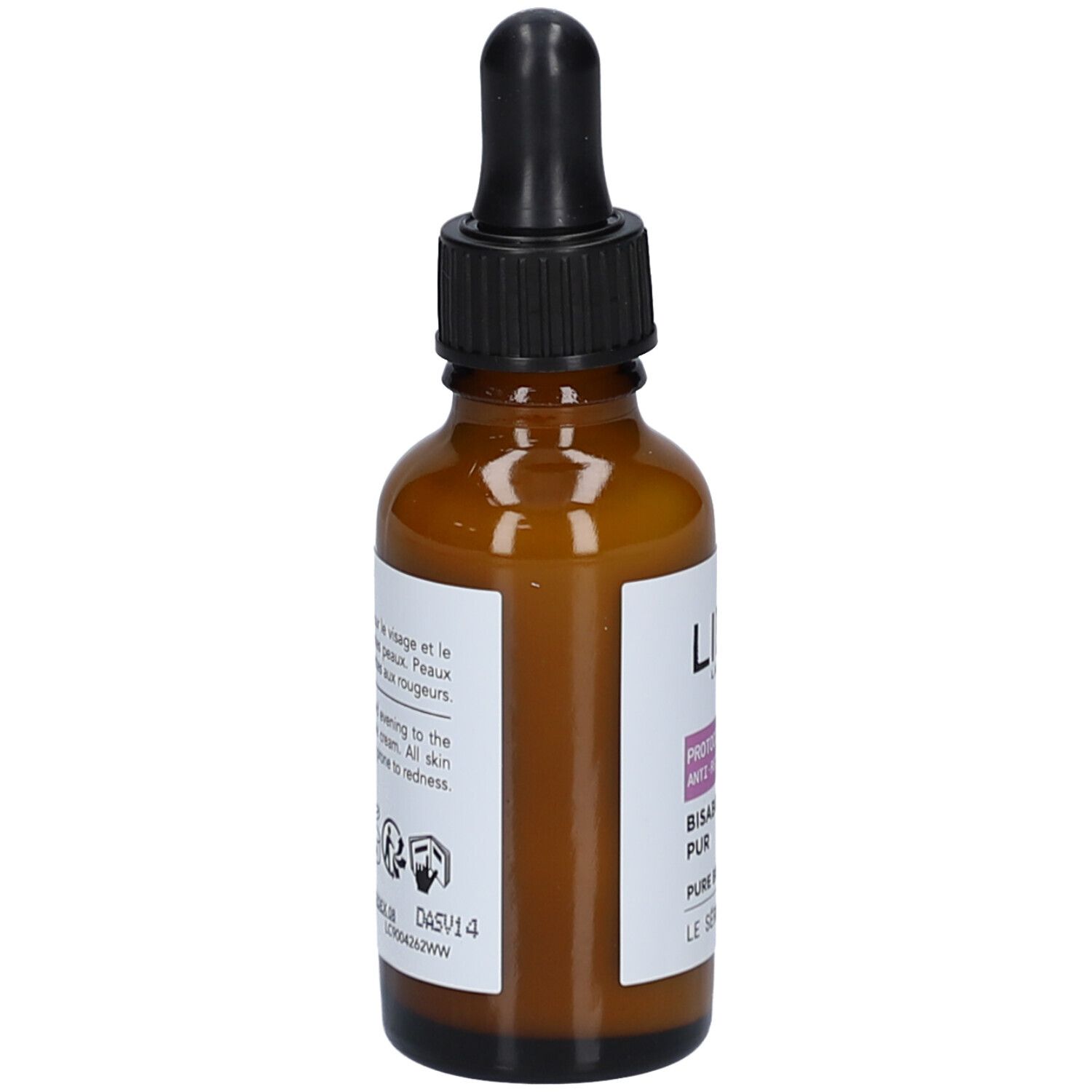 Bruine glazen fles met zwarte druppelaar. Etiket met productinformatie. Lierac Proto Anti-Rougeurs Serum.